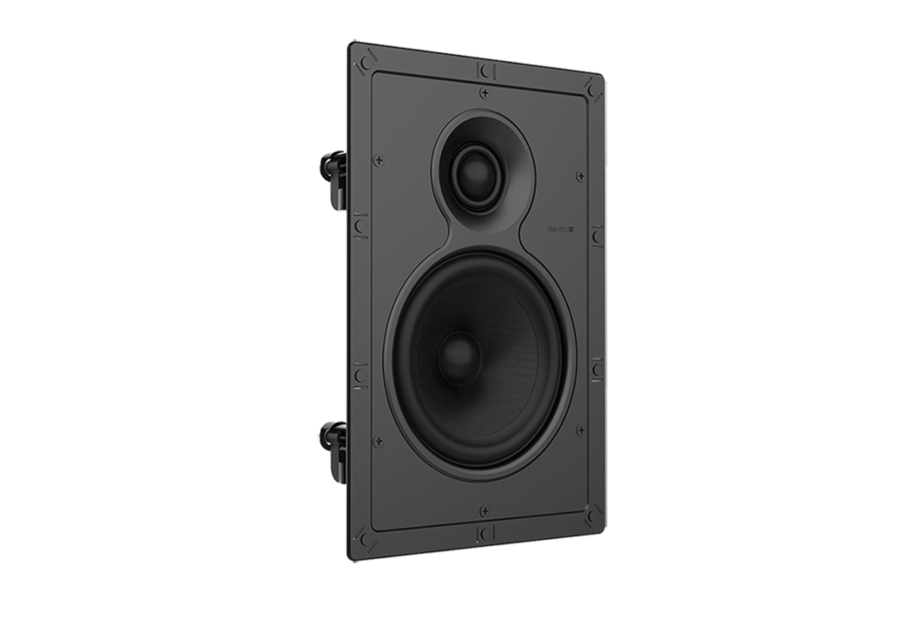 Quadral Casa Ci6 In-Wall Speaker In-wall speaker with a small tweeter above a large woofer in a dark gray rectangular frame and side mounting brackets.