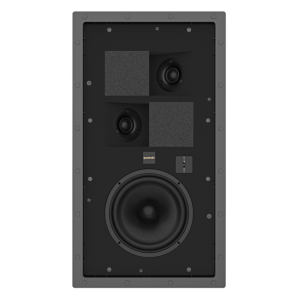 Quadral wall-mounted loudspeaker with a large bottom woofer, two midrange drivers, and foam damping panels in a black enclosure