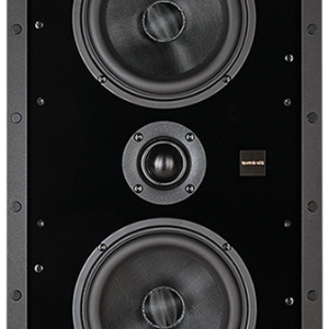 Black vertical floor-standing loudspeaker with two large drivers and a central midrange/tweeter.