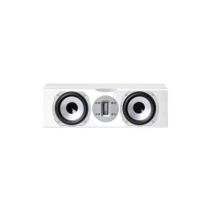 White rectangular center-channel speaker with two large round drivers and a central metal panel.