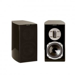 Pair of black two-way bookshelf speakers; right unit reveals a large silver woofer, left unit with grille.