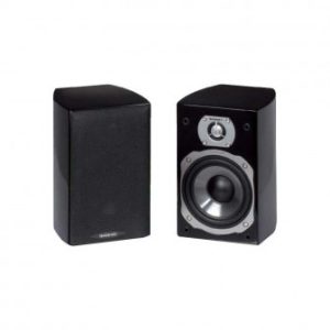Creative brand two-way bookshelf speakers, black, with fabric grille on one and exposed silver woofer and tweeter on the other.