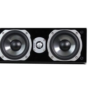 Black rectangular stereo speaker with two large silver-rimmed woofers and a central round tweeter.