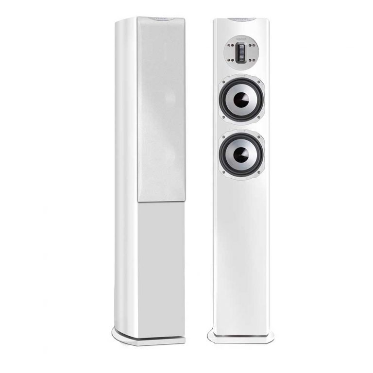 Quadral Chromium Style 6 Floorstanding Speakers Pair of white floor-standing speakers, one with grille and one exposing two large drivers and a small tweeter.