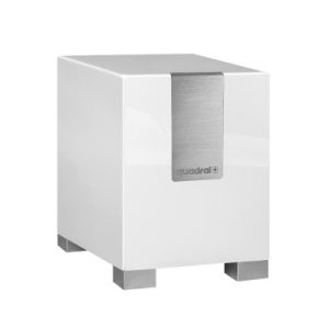 Quadral subwoofer, white cube with brushed metal vertical vent on front and sturdy metal feet.