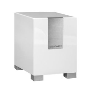 Quadral white compact subwoofer with brushed metal front strip and four metal feet.