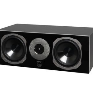 Black glossy center-channel speaker with two large drivers and a circular perforated midrange/tweeter in a rectangular cabinet.