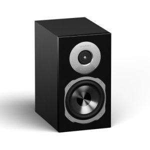 Black two-way bookshelf speaker with small silver tweeter above a larger woofer on the front panel.