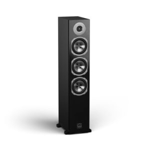 Tall floor-standing speaker with four circular drivers in a black cabinet.