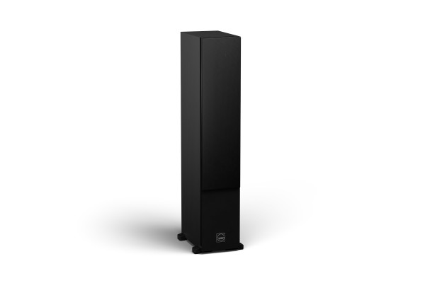 Quadral Signum 70 Floorstanding Speakers Tall black floor-standing speaker with slim rectangular cabinet and small feet.