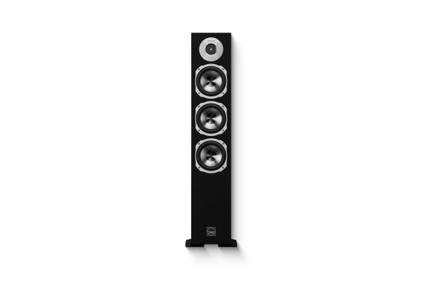 Quadral Signum 70 Floorstanding Speakers Black floorstanding loudspeaker with three silver-rimmed drivers and a small top tweeter in a slim cabinet.