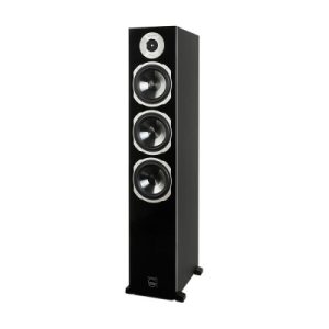 Floor-standing black speaker with three large drivers and a small top tweeter in a glossy cabinet.