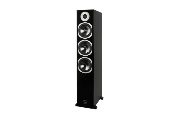 Quadral Signum 90 Floorstanding Speakers Floor-standing black speaker with three large drivers and a small top tweeter in a glossy cabinet.