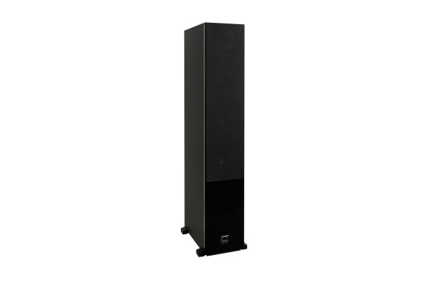 Quadral Signum 90 Floorstanding Speakers Tall black floor-standing speaker on small caster wheels.