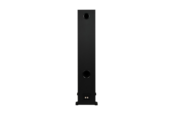 Quadral Signum 90 Floorstanding Speakers Tall black rectangular electronic device with two circular ports and a small two-pin connector at the bottom.