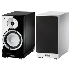Pair of Magnat bookshelf speakers, black gloss front with silver woofer and tweeter; white cabinet with black grille.