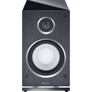 Magnat floorstanding speaker with large silver woofer and smaller tweeter on brushed dark gray front panel