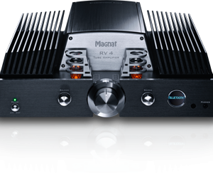 Magnat RV 4 car audio amplifier with black metal chassis, large center knob, Bluetooth badge, and tall heat sink fins.