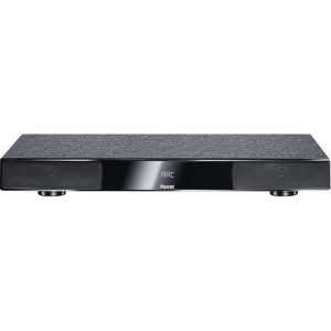 Magnat ARC soundbar with fabric top, glossy center display, and side grille speakers.