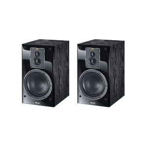 Pair of Magnat bookshelf speakers with black glossy front, dual small drivers above a large woofer, wood-grain enclosures.