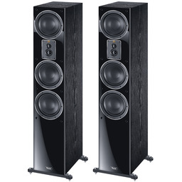 Pair of tall black floorstanding speakers with three drivers in wood veneer.