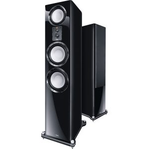 Pair of black high-gloss floorstanding speakers with multiple circular drivers and metal bases.
