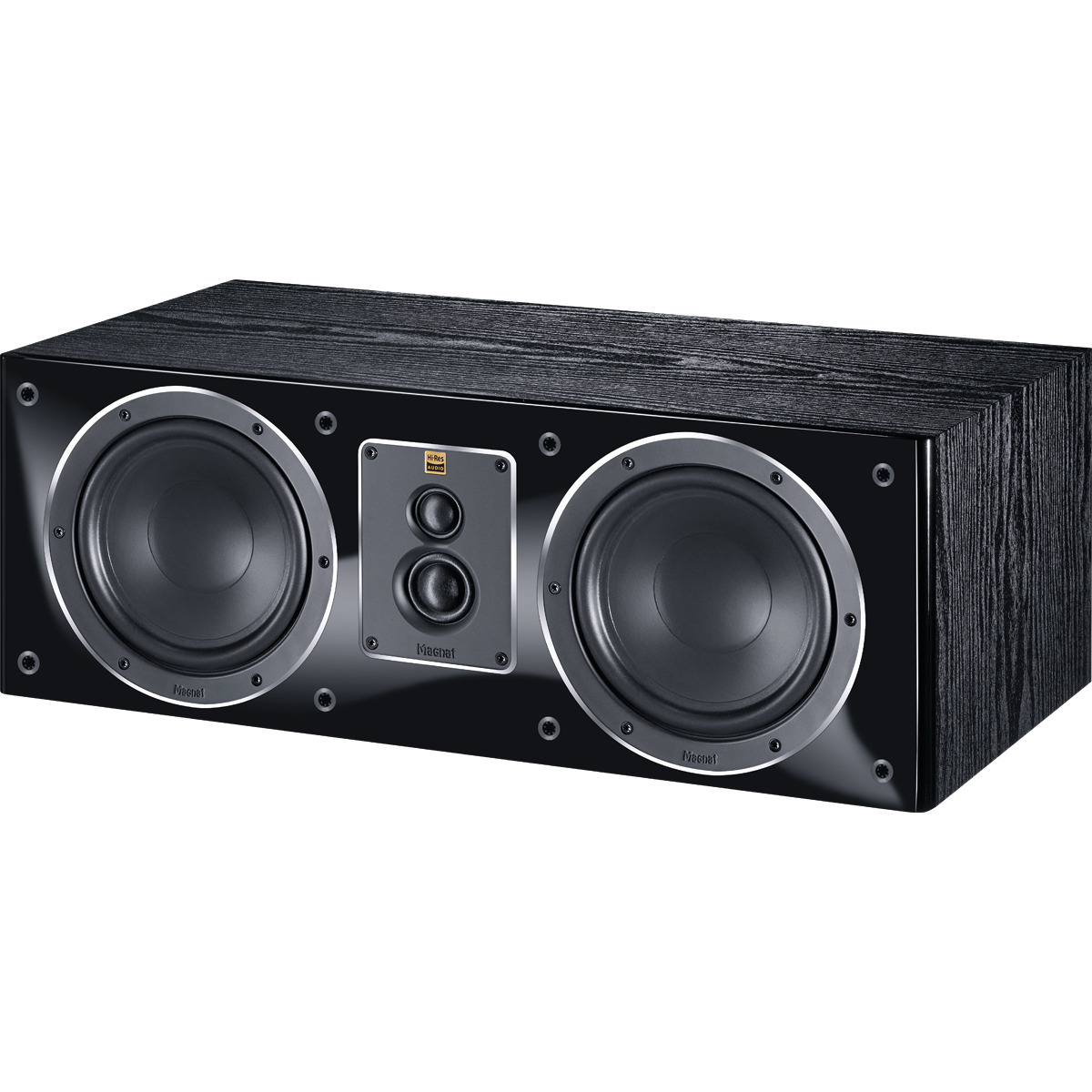 Magnat Signature Center 53 Center Speaker Magnat center-channel speaker with two large woofers and a dual midrange driver array, black glossy front and wood veneer cabinet