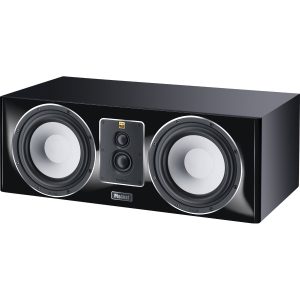 Magnat center channel loudspeaker with two large woofer drivers and a dual-driver mid/treble panel in a glossy black cabinet
