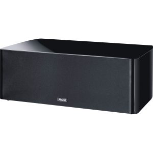 Magnat subwoofer with black fabric front grille and glossy black cabinet.