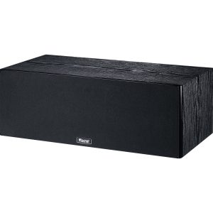 Magnat speaker with black fabric grille and dark woodgrain cabinet.