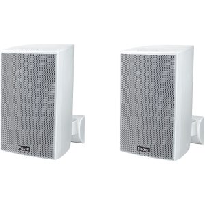 Pair of white Magnat wall-mounted speakers with perforated metal grilles.