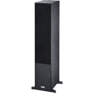 Magnat floorstanding speaker with dark wood veneer, black front grille, tall slim cabinet and spike feet