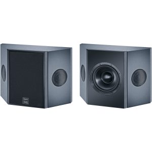 Magnat THX bookshelf speakers in gray brushed metal finish; one grille-covered, the other showing large woofer under protective ring.