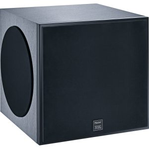 Magnat THX Ultra subwoofer with brushed aluminum cabinet and black fabric front, side-mounted circular woofer visible
