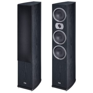 Pair of Heco floor-standing speakers in dark wood finish, one with grille, one exposing multiple drivers.