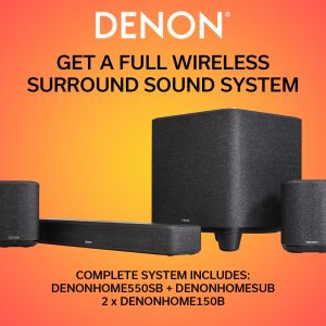 Denon Home 550SB wireless surround sound system with black fabric speakers, including a soundbar and subwoofer, on orange gradient background.
