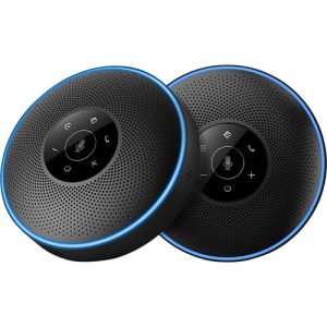 Pair of black circular smart speakers with perforated grills and a blue edge ring.