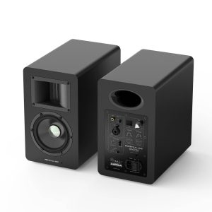 Airpulse SM200 powered studio monitor speaker pair; black enclosures with 6.5-inch woofer and horn-loaded tweeter, rear control panel.