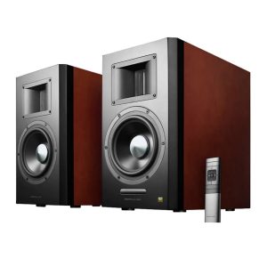 Airpulse floorstanding speakers with wood veneer sides, metal front panels, large woofer, rectangular opening, and remote