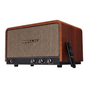 Airpulse wooden cabinet speaker with woven grille, three knobs for bass, treble, and volume, plus remote.