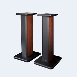 Pair of speaker stands with wood veneer central panel, dark gray metal sides, and square top plates.
