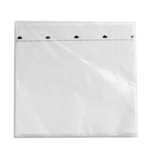 White translucent plastic envelope with a self-seal top for mailing or storing documents.