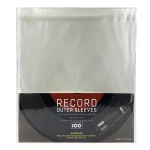 Clear plastic outer sleeve for records with black-red label reading RECORD OUTER SLEEVE; 100-pack, made in China.