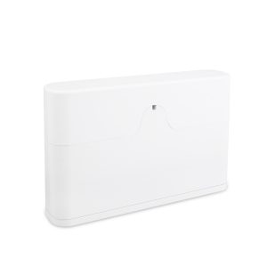 White plastic rectangular storage box with hinged curved lid and front notch handle