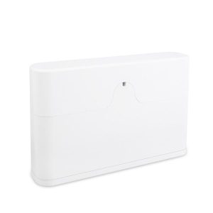 White plastic rectangular dispenser with rounded edges and a front-centered curved lid notch.