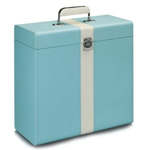 Turquoise rectangular jewelry or accessory case with beige central stripe, metal latch, top handle, and stitched edges.