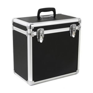 Black aluminum-framed flight case with silver trim, two latches, and a top carry handle.