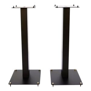 Pair of black metal speaker stands with square bases and top plates featuring four spikes.