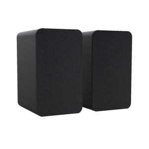 Pair of black fabric-covered bookshelf speakers with rounded edges.