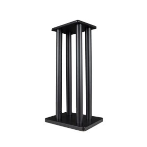 Black metal four-post display stand with square top and base.